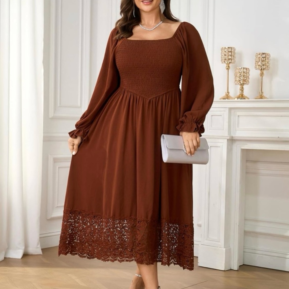 Smocked Square-Neck Brown Long-Sleeve Midi Dress
